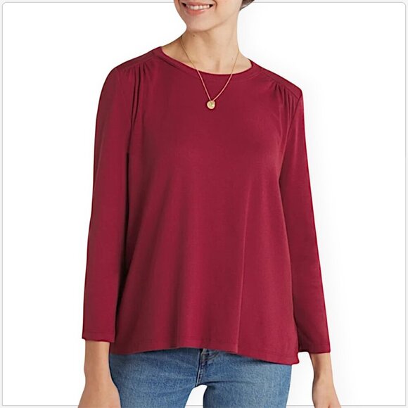 Michael Stars Shelby Red 3/4 Sleeve Knit Top Ultra Rib Ruched Shoulder NWT New S - Picture 1 of 7
